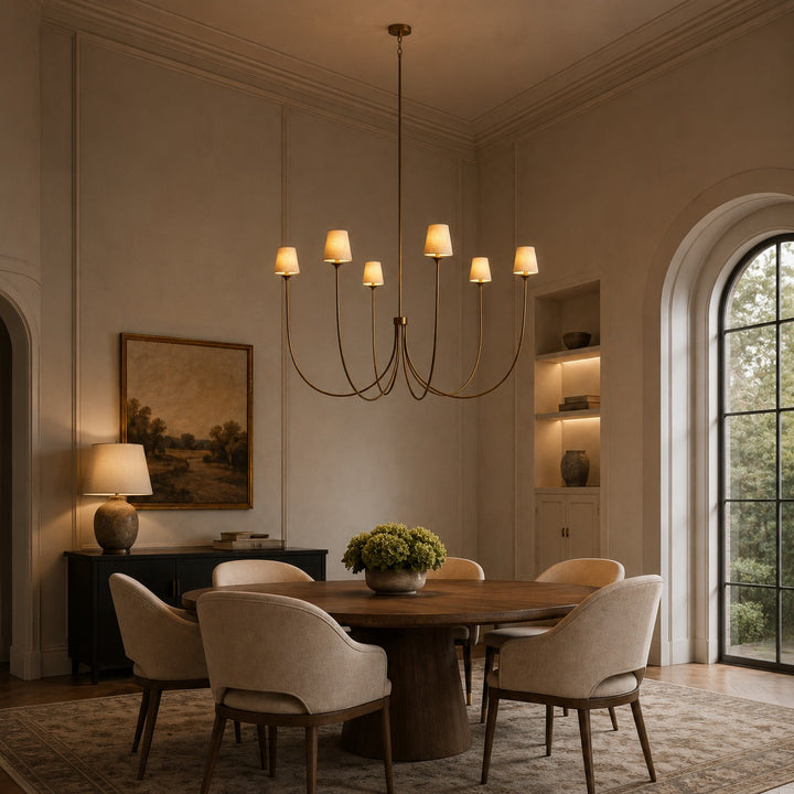 Large Round Chandelier with Off-White Shades – Brass or Bronze