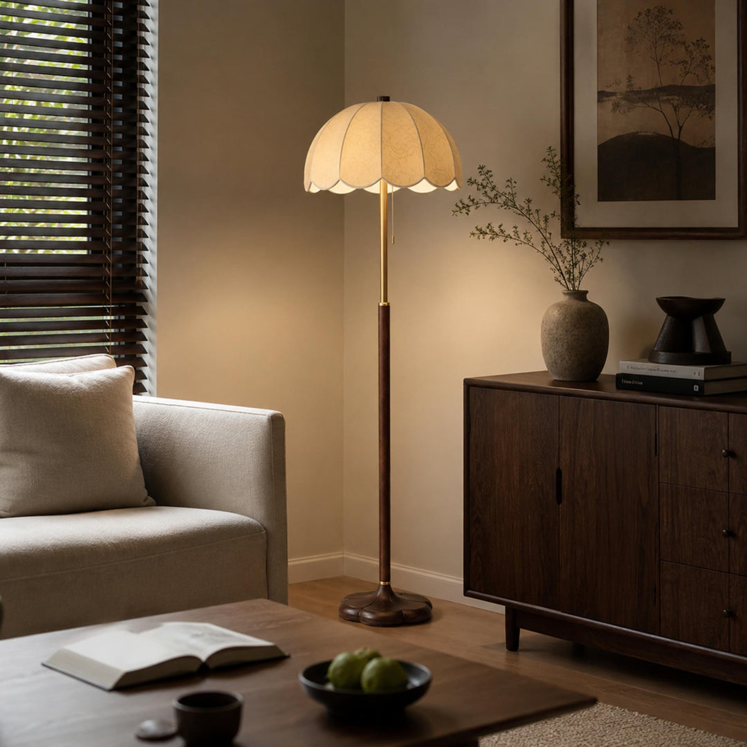 Modern Floor Lamp with Wooden Base and Fabric Shade Adjustable Height E14 Bulb for Living Room