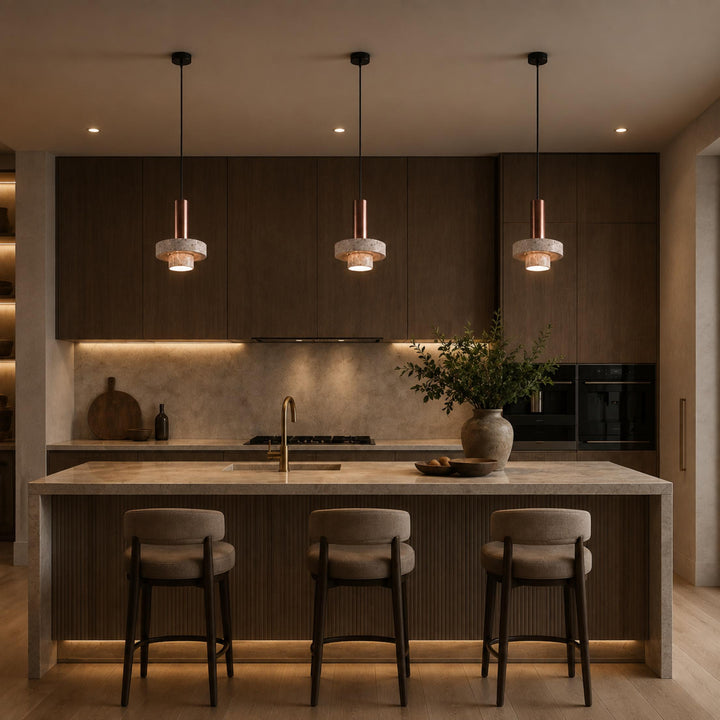 Modern Pendant Lamp Hanging Terrazzo and Metal Construction Adjustable Height for Indoor Use