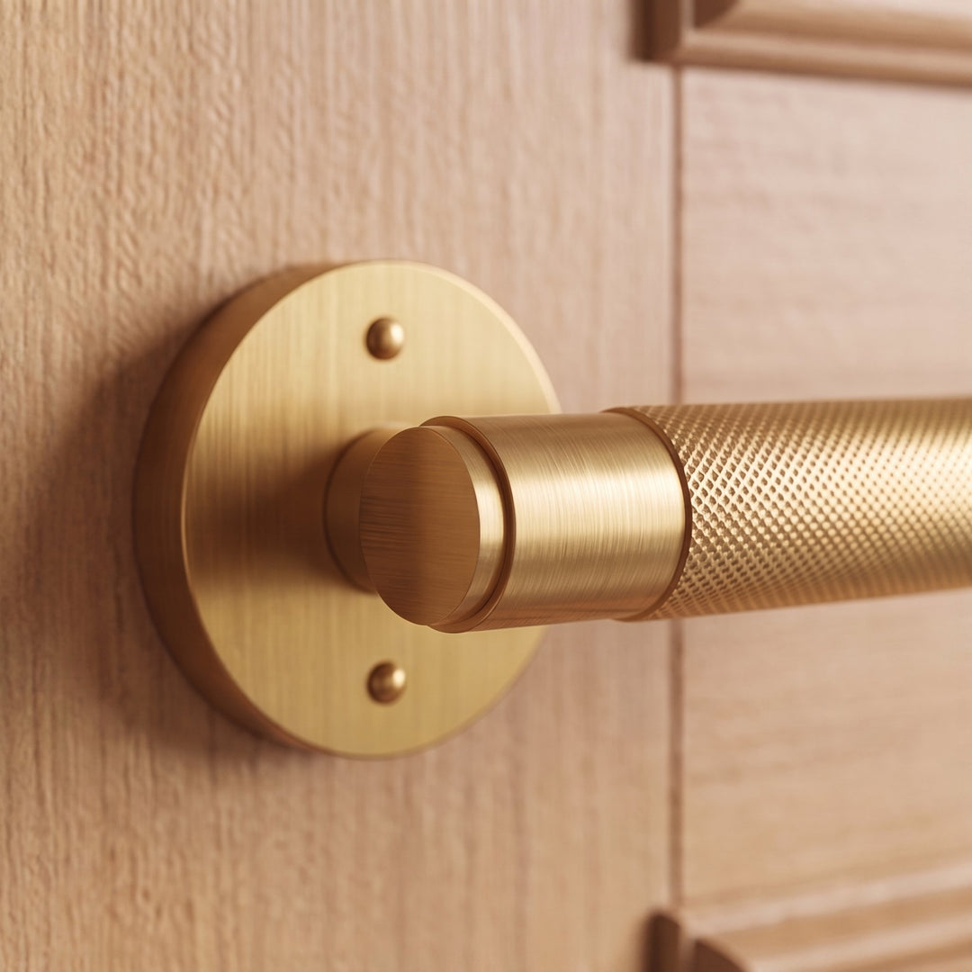 Modern Brass Door Handle with Knurled Grip and Square or Round Rosette for Internal Use