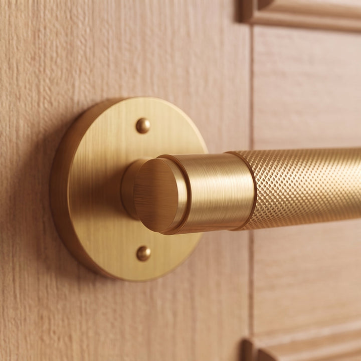 Modern Brass Door Handle with Knurled Grip and Square or Round Rosette for Internal Use