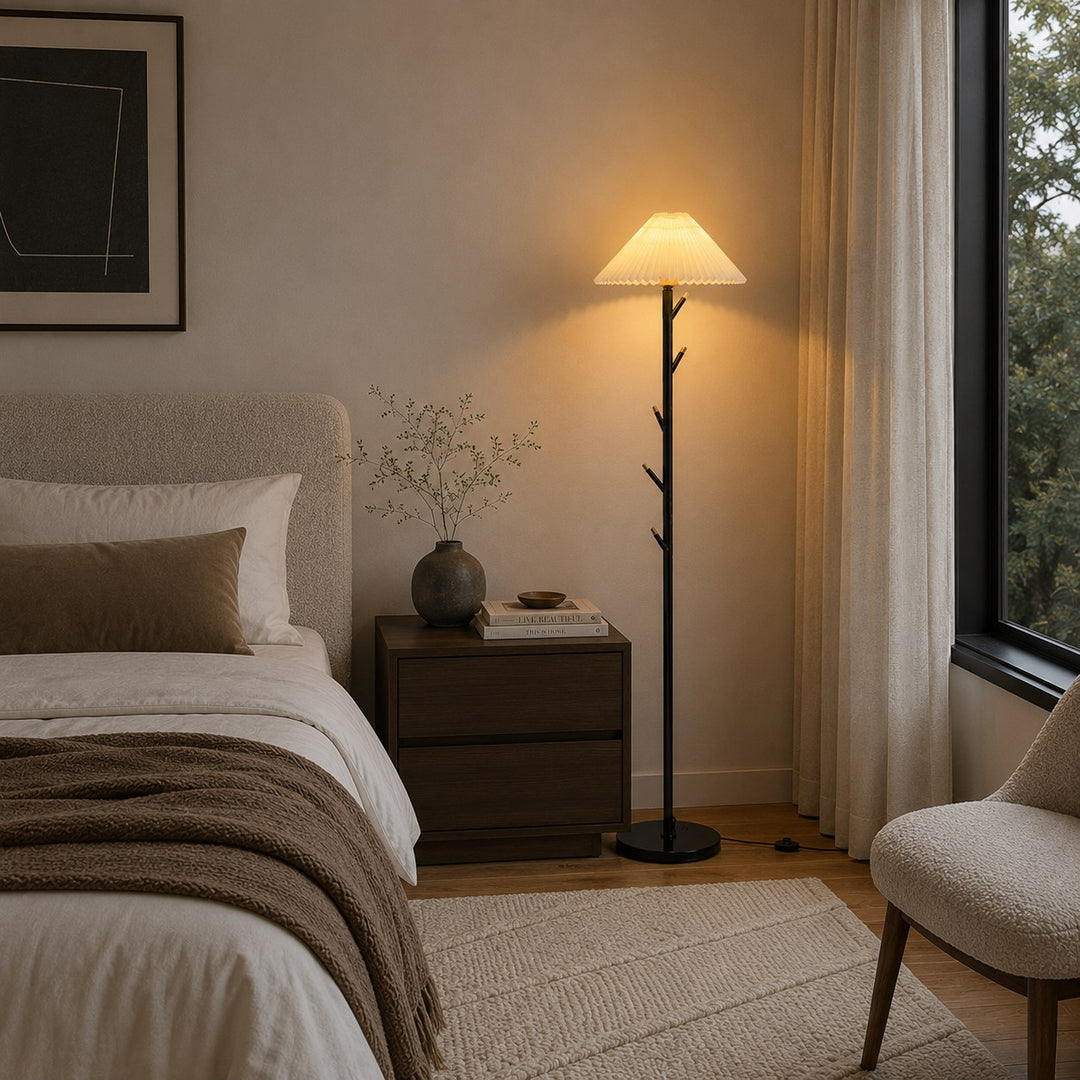 Modern Black Floor Lamp with Adjustable Height and Iron Structure for Indoor Lighting and Coat Rack