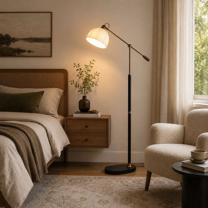Industrial Floor Lamp Adjustable Height Metal and Wood Construction Dimmable LED for Living Room