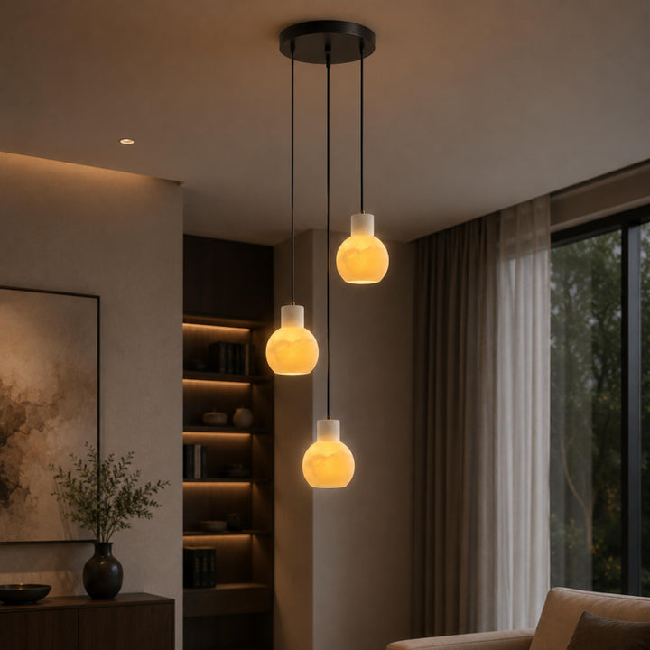 Modern Alabaster Chandelier Hanging Light Fixture with Glass Shades and LED Bulbs for 6 Lights