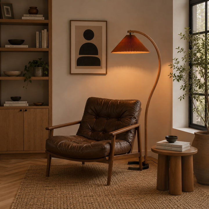 Modern Floor Lamp Adjustable Height Beech Wood Bracket Linen Shade Indoor Use