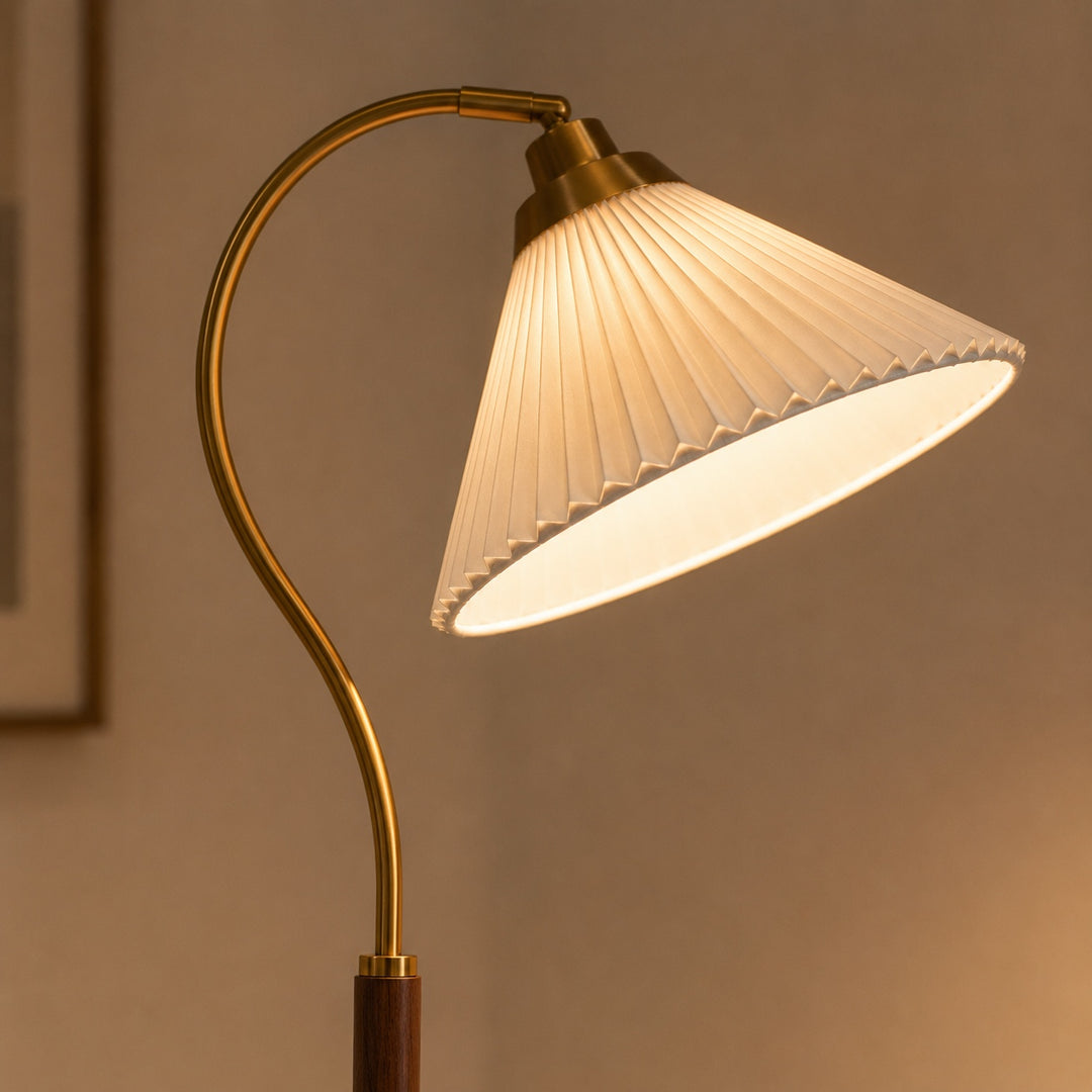 Modern Floor Lamp with Pleated Shade and Wooden Base Adjustable Height for Indoor Use AC 110-240V