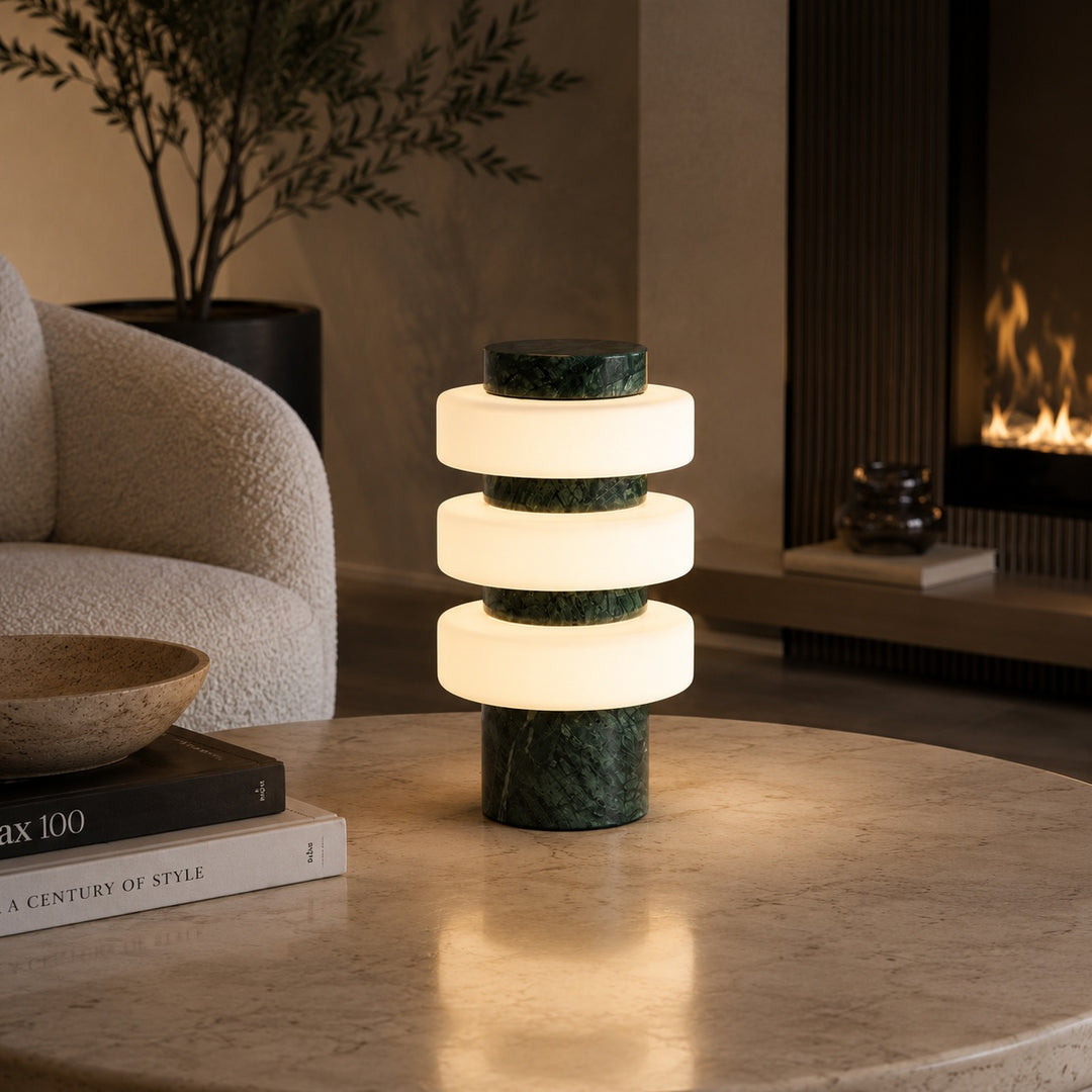 Modern Table Lamp with Travertine Base and Integrated LED for Indoor Use