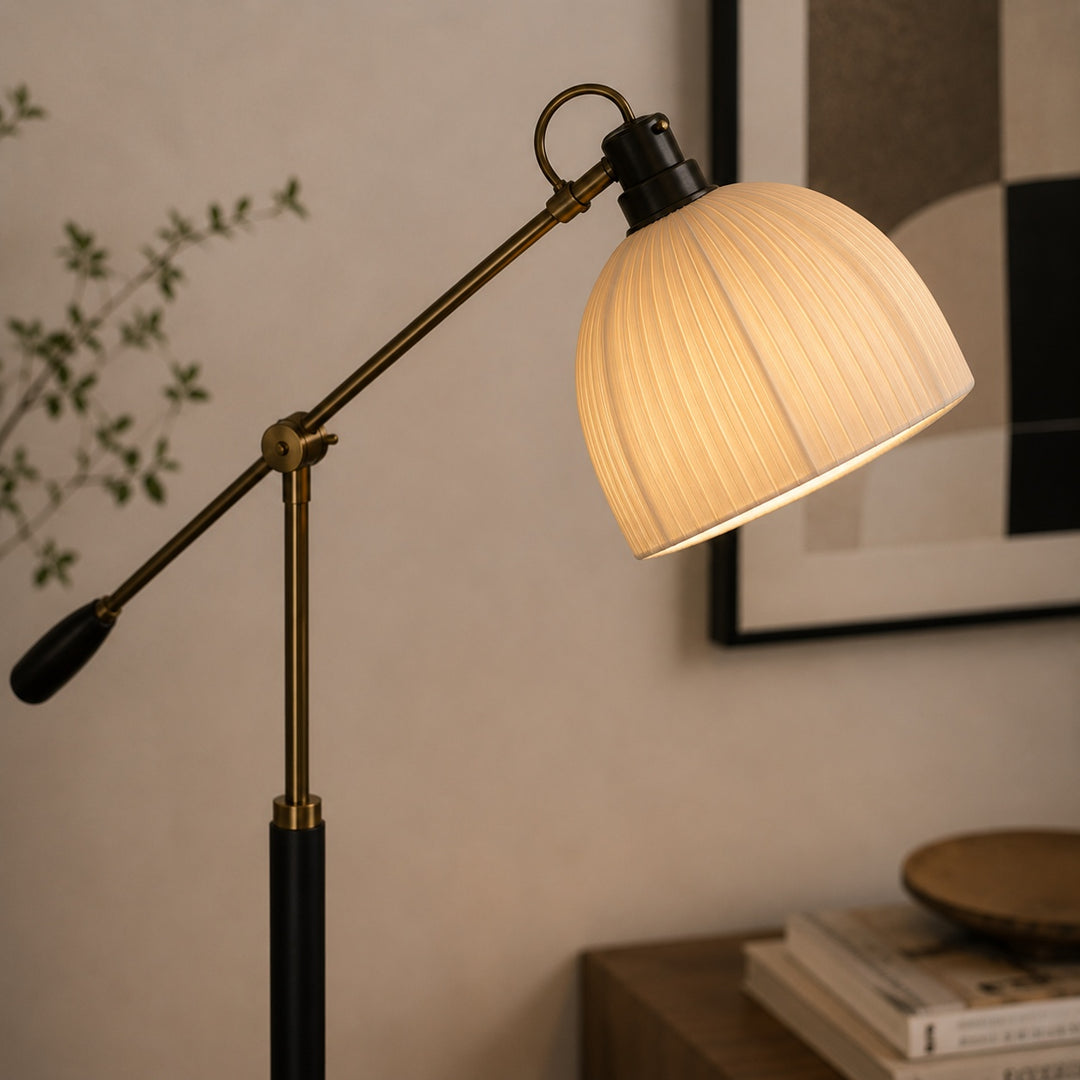Industrial Floor Lamp Adjustable Height Metal and Wood Construction Dimmable LED for Living Room