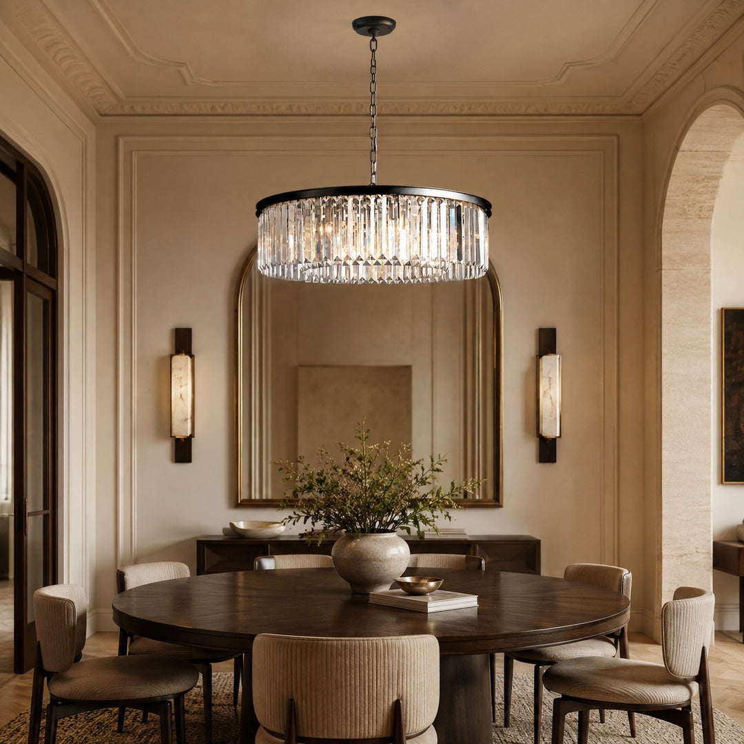 Large 84cm Round K9 Crystal Chandelier – Brass or Bronze 8-Light Art Deco Ceiling Pendant