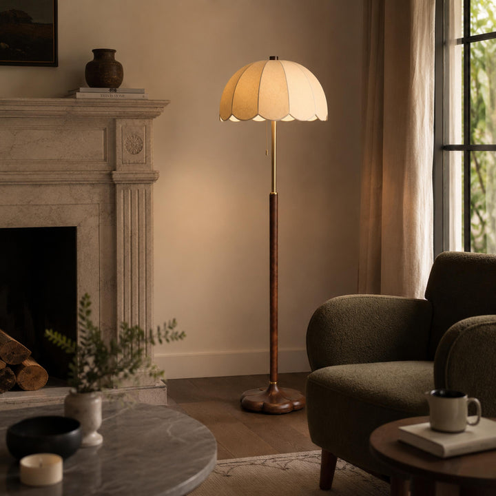 Modern Floor Lamp with Wooden Base and Fabric Shade Adjustable Height E14 Bulb for Living Room
