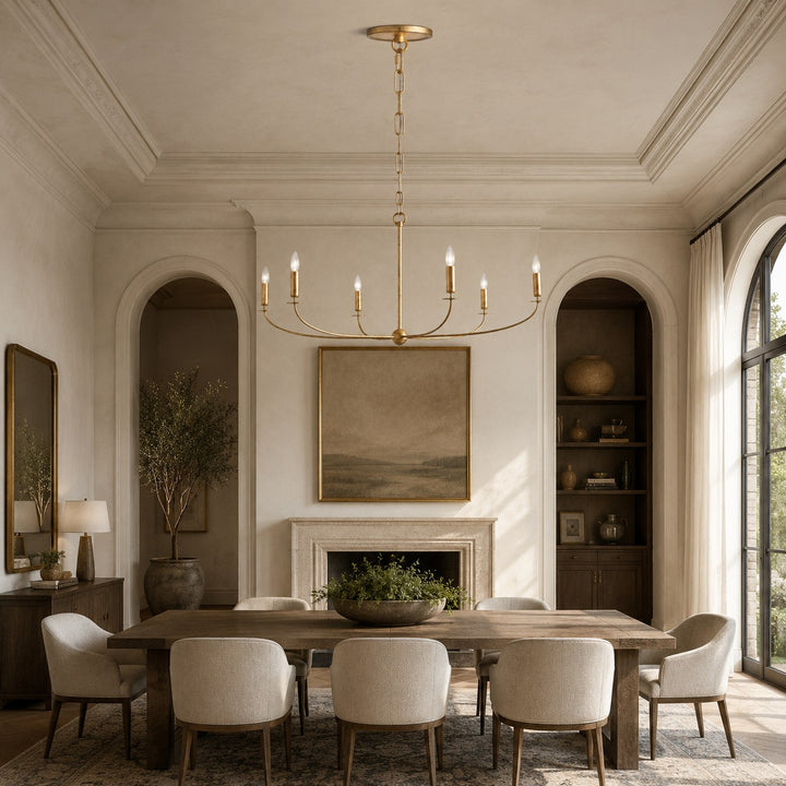 Large Antique Gold Leaf Round Chandelier – 6 or 8 Light Iron Dining Room Ceiling Light