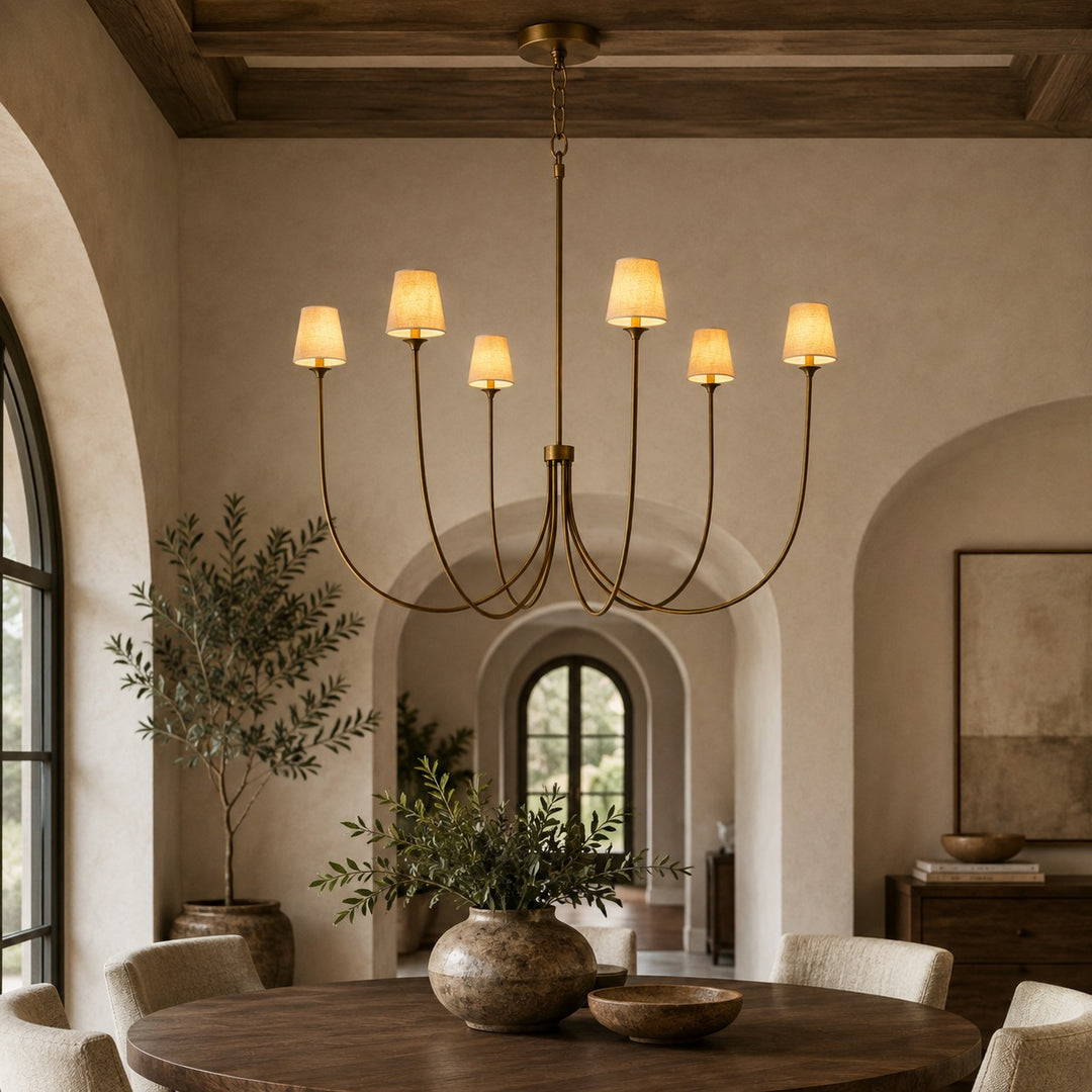 Large Round Chandelier with Off-White Shades – Brass or Bronze