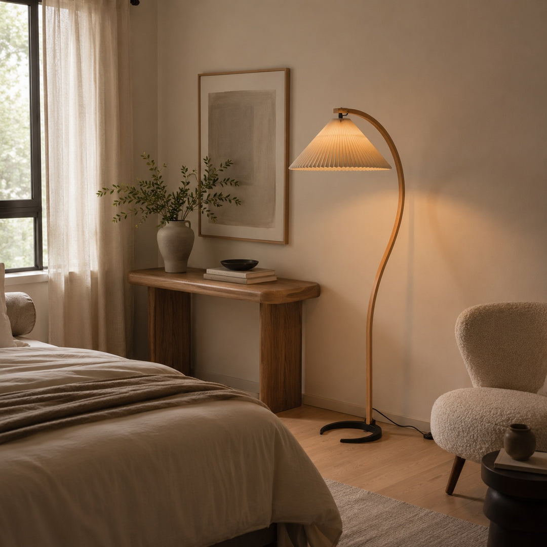 Modern Floor Lamp Adjustable Height Beech Wood Bracket Linen Shade Indoor Use