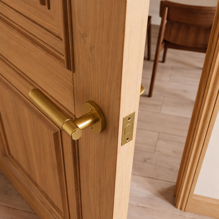 Modern Brass Door Handle with Knurled Grip and Square or Round Rosette for Internal Use