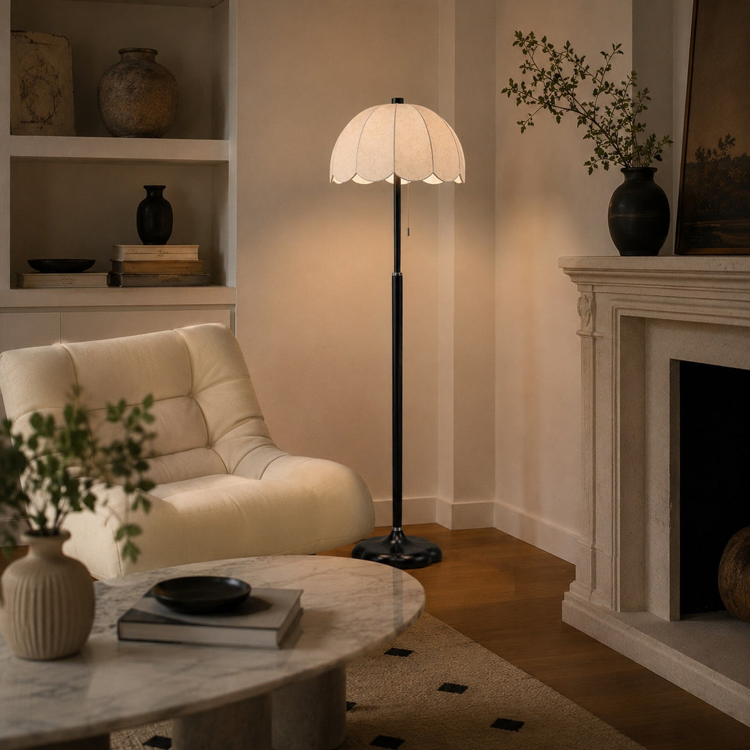 Modern Floor Lamp with Wooden Base and Fabric Shade Adjustable Height E14 Bulb for Living Room