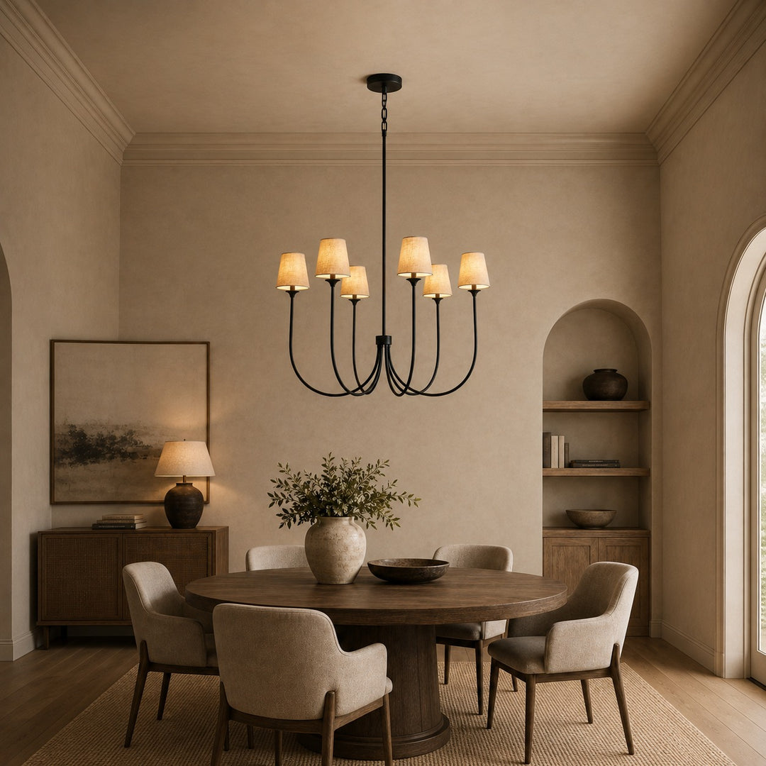Large Round Chandelier with Off-White Shades – Brass or Bronze