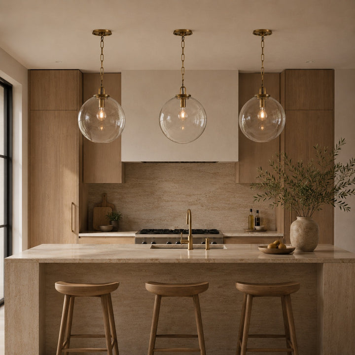 Modern Glass Globe Pendant Light with Chain – Brass or Bronze, Clear or Milk Glass