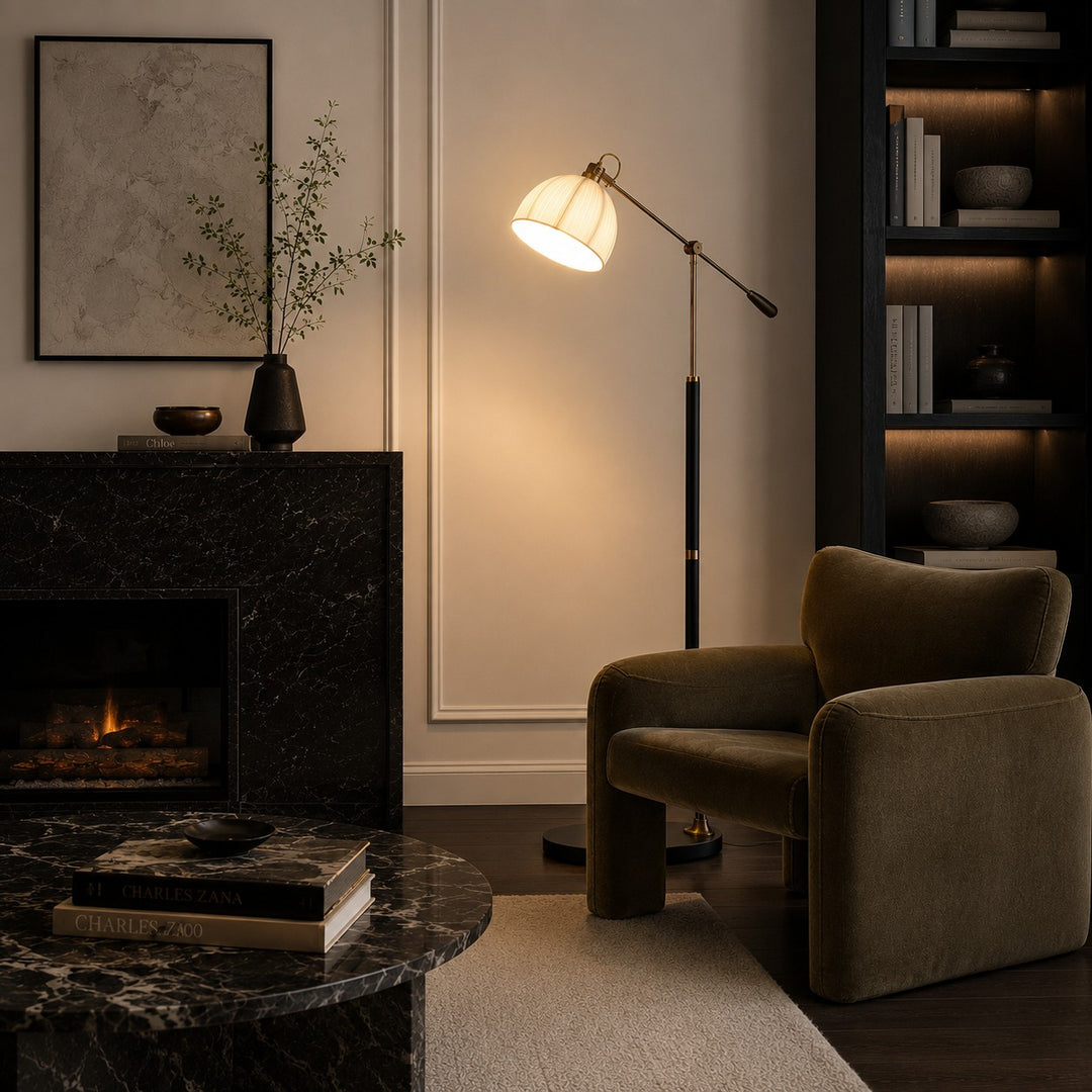 Industrial Floor Lamp Adjustable Height Metal and Wood Construction Dimmable LED for Living Room