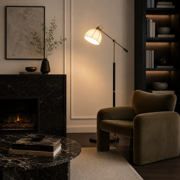 Industrial Floor Lamp Adjustable Height Metal and Wood Construction Dimmable LED for Living Room