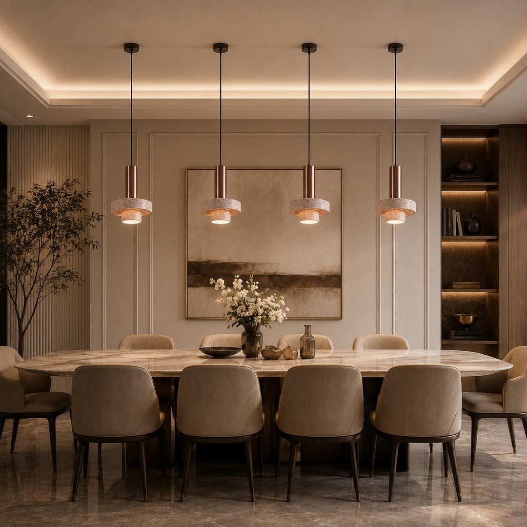 Modern Pendant Lamp Hanging Terrazzo and Metal Construction Adjustable Height for Indoor Use