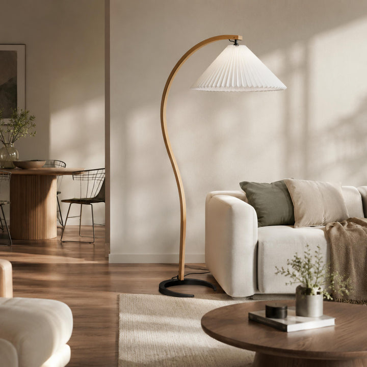 Modern Floor Lamp Adjustable Height Beech Wood Bracket Linen Shade Indoor Use