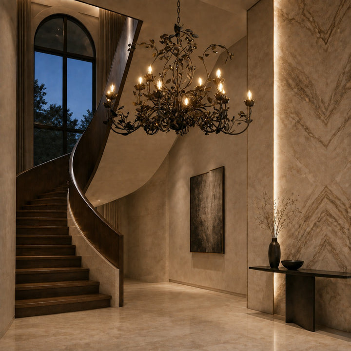 Luxury Crystal Leaf Round Chandelier – Large Gold or Bronze Dining Room & Foyer Light, 36″/48″