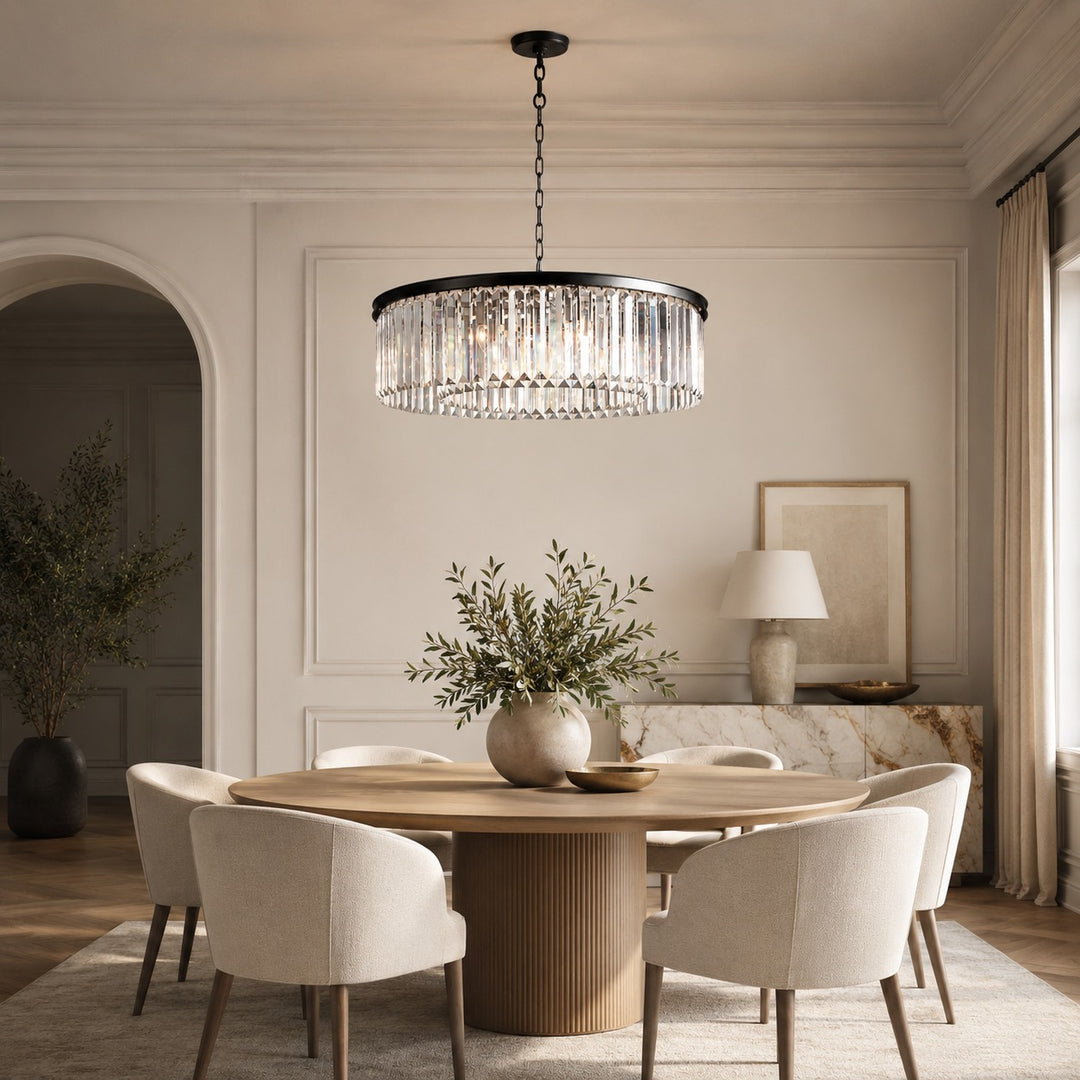 Large 84cm Round K9 Crystal Chandelier – Brass or Bronze 8-Light Art Deco Ceiling Pendant
