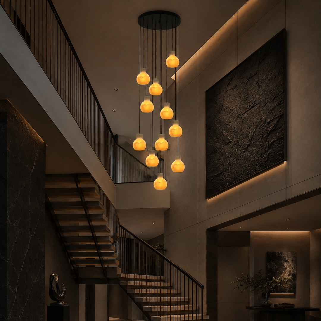Modern Alabaster Chandelier Hanging Light Fixture with Glass Shades and LED Bulbs for 6 Lights