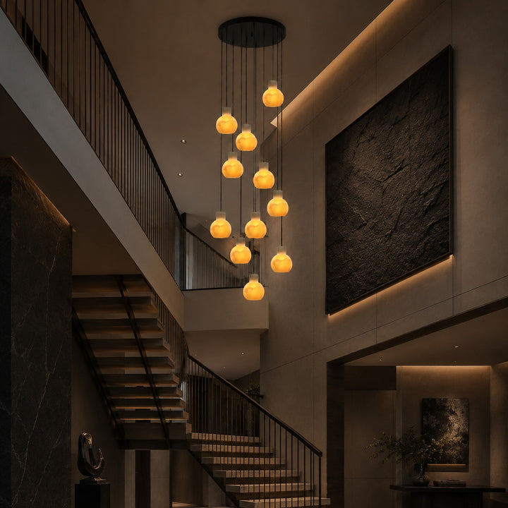 Modern Alabaster Chandelier Hanging Light Fixture with Glass Shades and LED Bulbs for 6 Lights