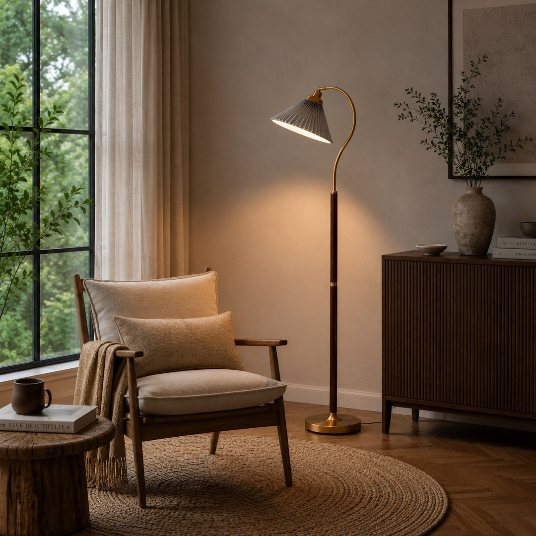 Modern Floor Lamp with Pleated Shade and Wooden Base Adjustable Height for Indoor Use AC 110-240V