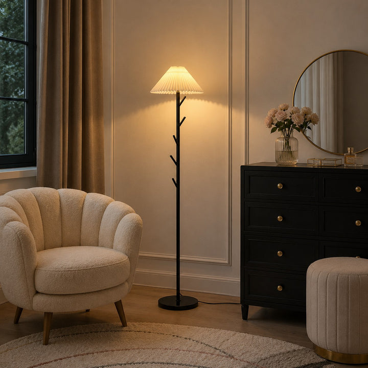 Modern Black Floor Lamp with Adjustable Height and Iron Structure for Indoor Lighting and Coat Rack