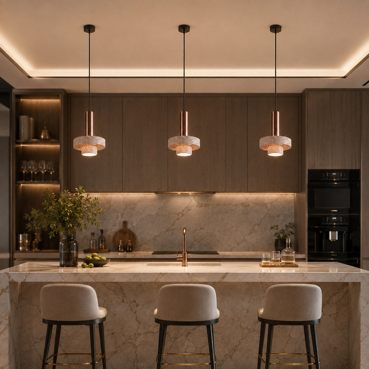Modern Pendant Lamp Hanging Terrazzo and Metal Construction Adjustable Height for Indoor Use