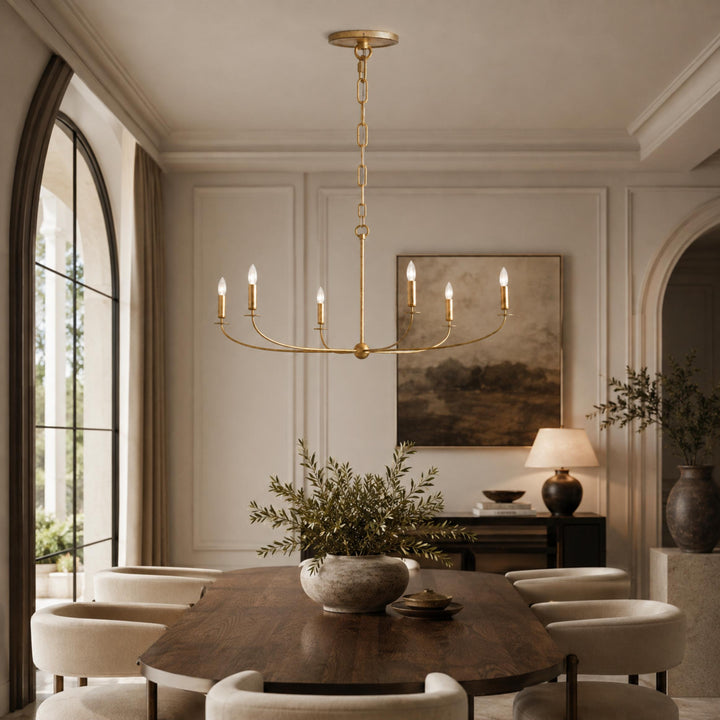 Large Antique Gold Leaf Round Chandelier – 6 or 8 Light Iron Dining Room Ceiling Light