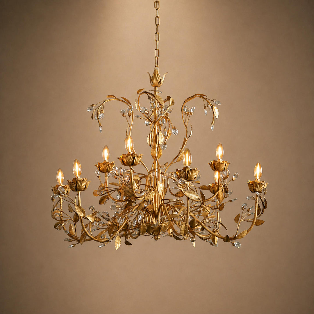 Luxury Crystal Leaf Round Chandelier – Large Gold or Bronze Dining Room & Foyer Light, 36″/48″