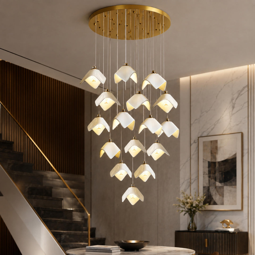 Modern Chandelier Ceiling Light Adjustable Gold Metal and Ceramic LED Fixture 7 to 64 Bulbs