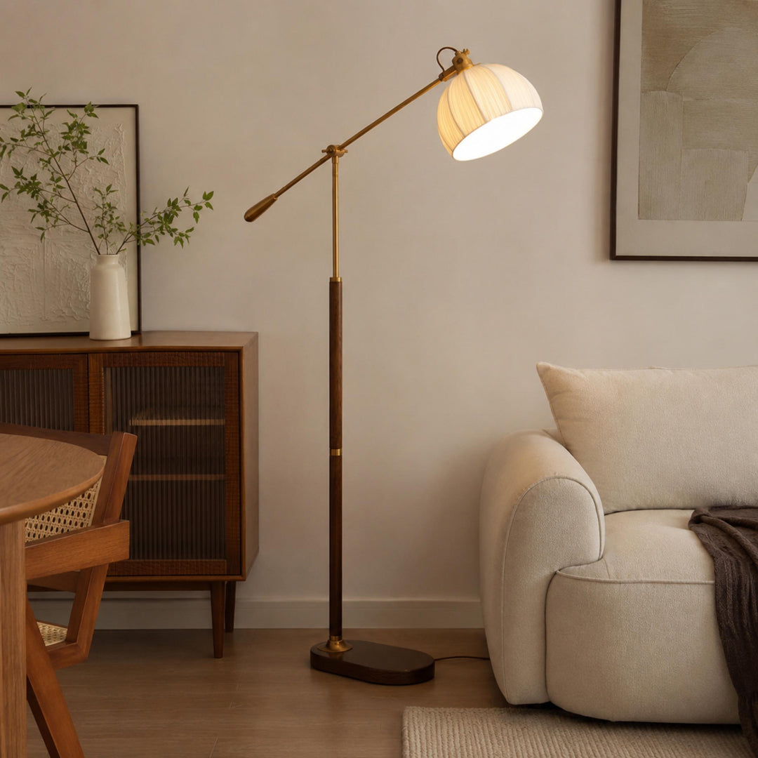 Industrial Floor Lamp Adjustable Height Metal and Wood Construction Dimmable LED for Living Room