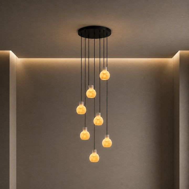 Modern Alabaster Chandelier Hanging Light Fixture with Glass Shades and LED Bulbs for 6 Lights