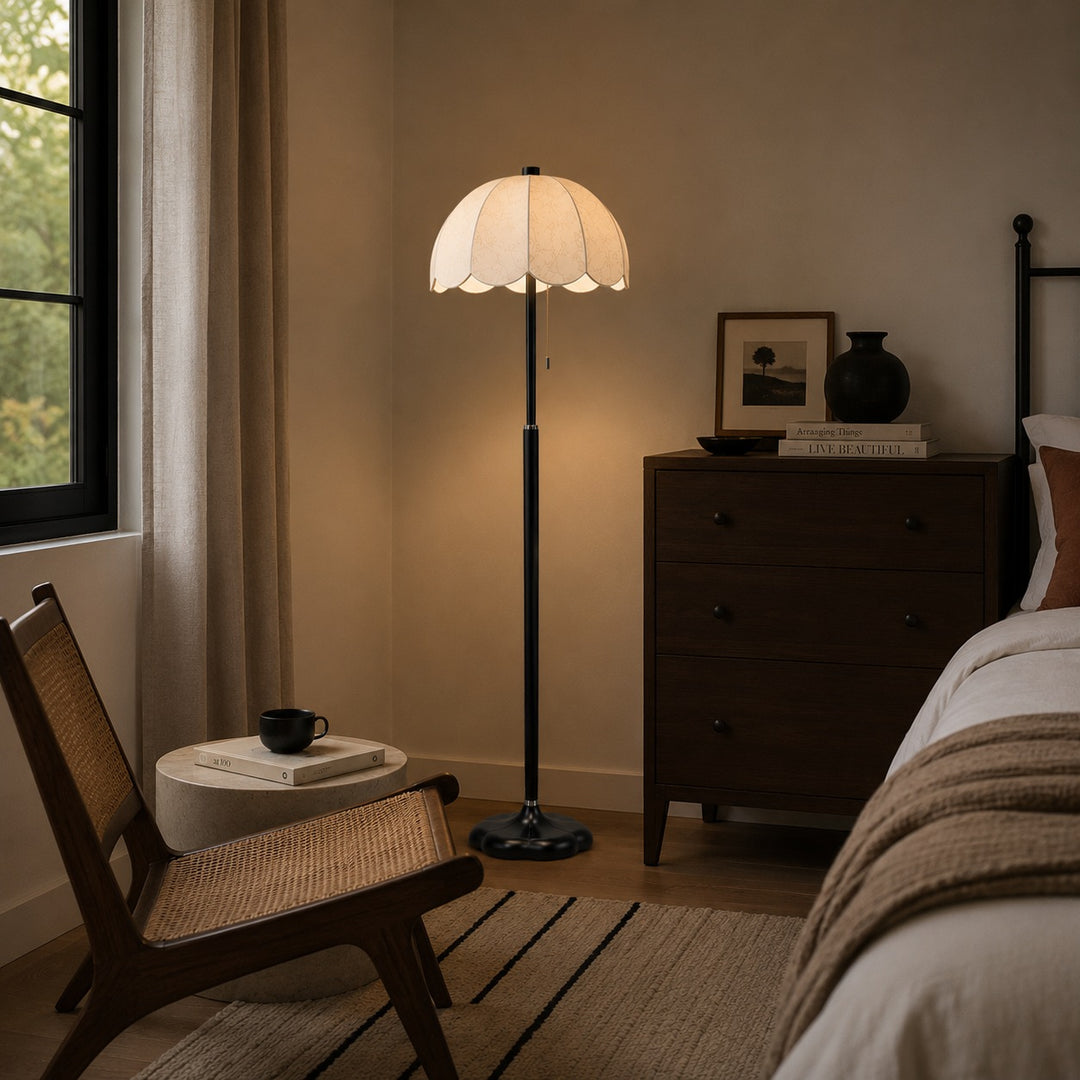 Modern Floor Lamp with Wooden Base and Fabric Shade Adjustable Height E14 Bulb for Living Room