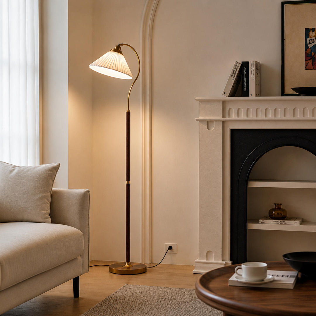 Modern Floor Lamp with Pleated Shade and Wooden Base Adjustable Height for Indoor Use AC 110-240V