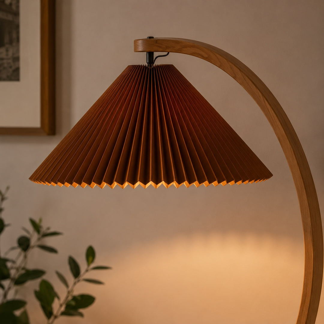 Modern Floor Lamp Adjustable Height Beech Wood Bracket Linen Shade Indoor Use