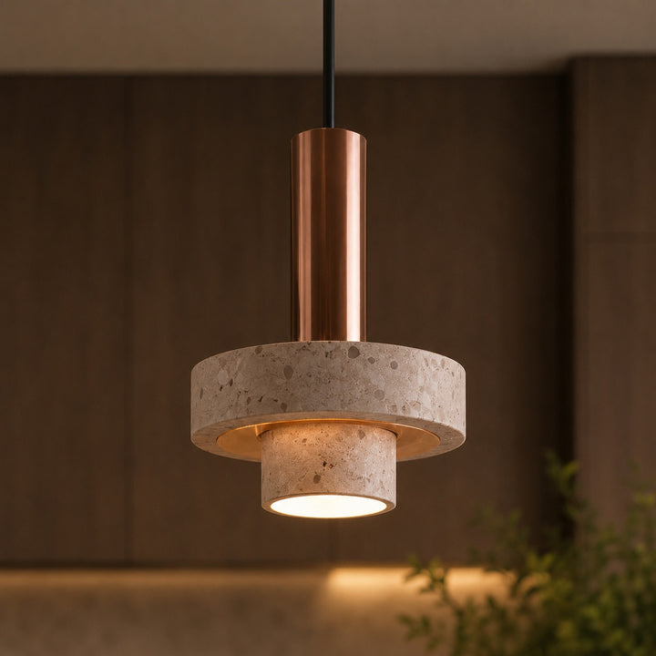 Modern Pendant Lamp Hanging Terrazzo and Metal Construction Adjustable Height for Indoor Use