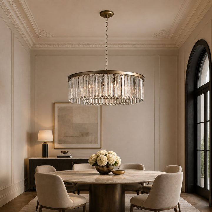 Large 84cm Round K9 Crystal Chandelier – Brass or Bronze 8-Light Art Deco Ceiling Pendant