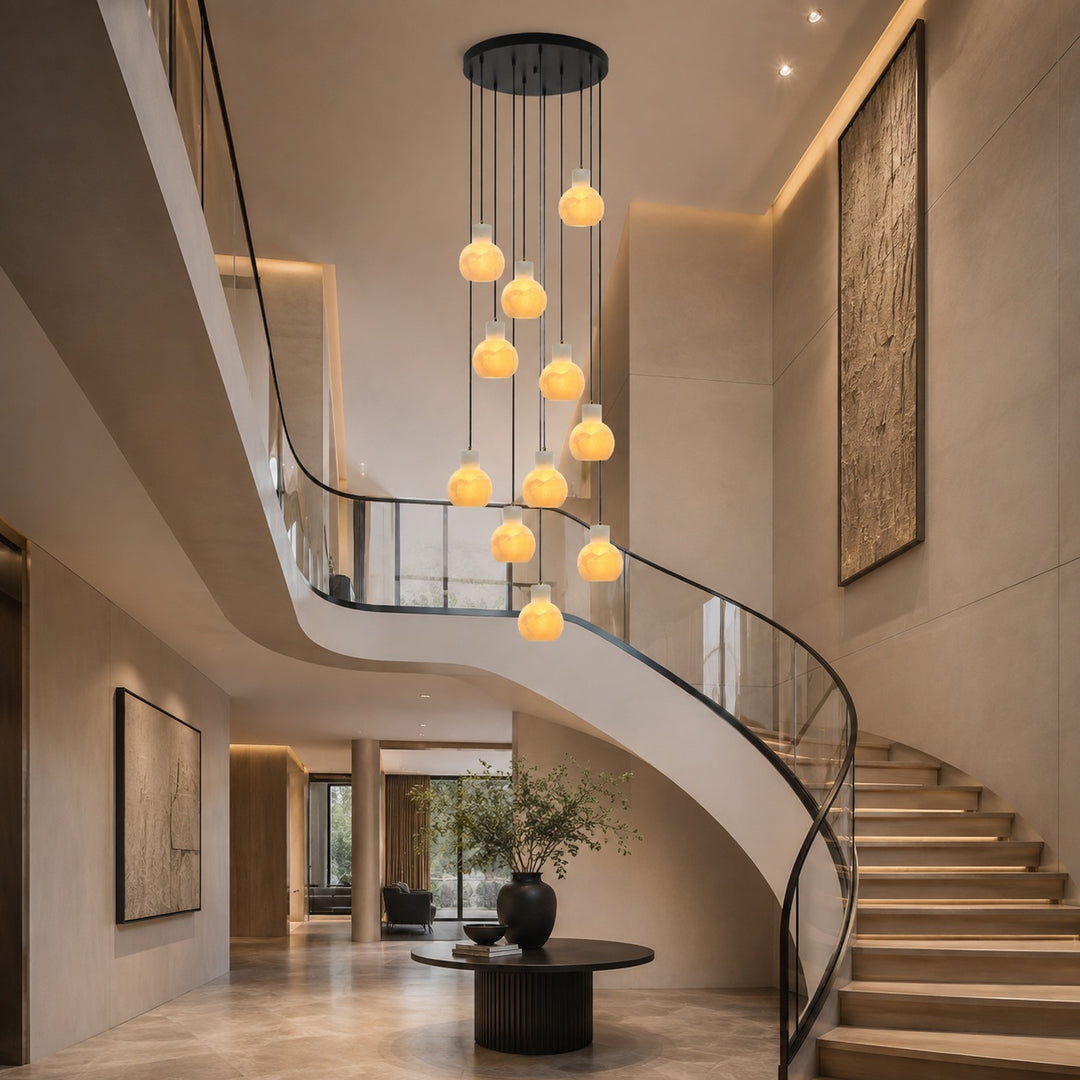 Modern Alabaster Chandelier Hanging Light Fixture with Glass Shades and LED Bulbs for 6 Lights