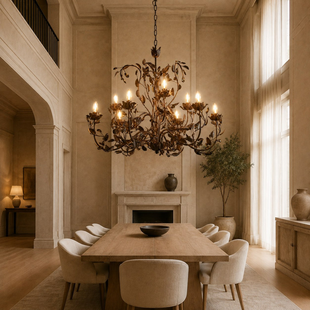 Luxury Crystal Leaf Round Chandelier – Large Gold or Bronze Dining Room & Foyer Light, 36″/48″