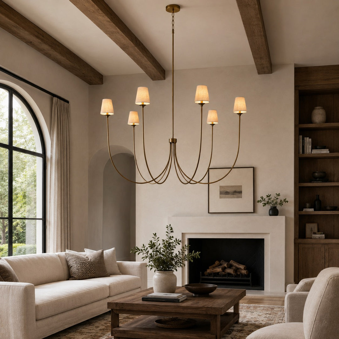 Large Round Chandelier with Off-White Shades – Brass or Bronze