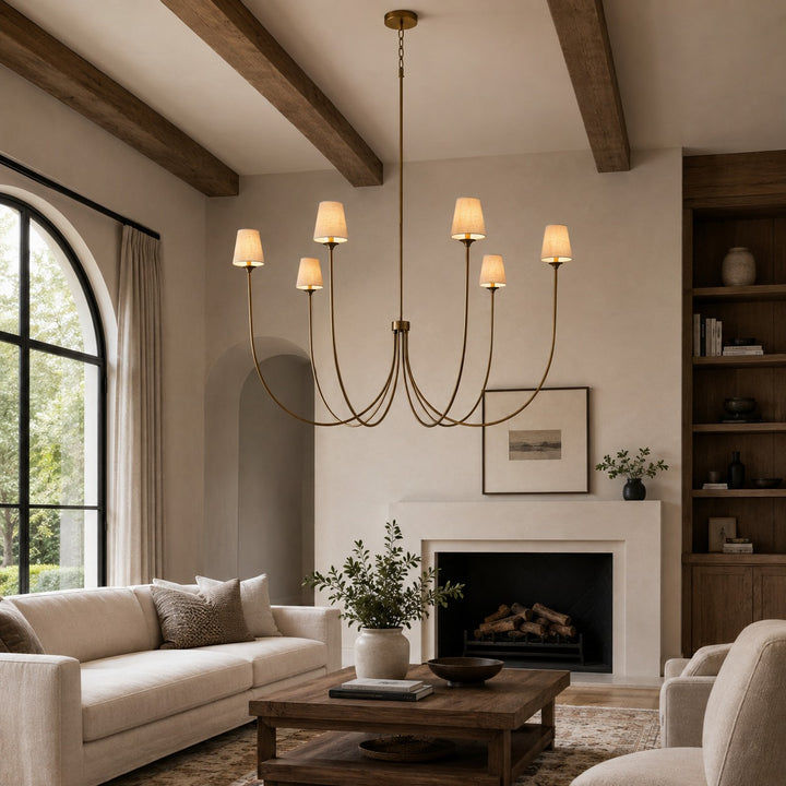 Large Round Chandelier with Off-White Shades – Brass or Bronze