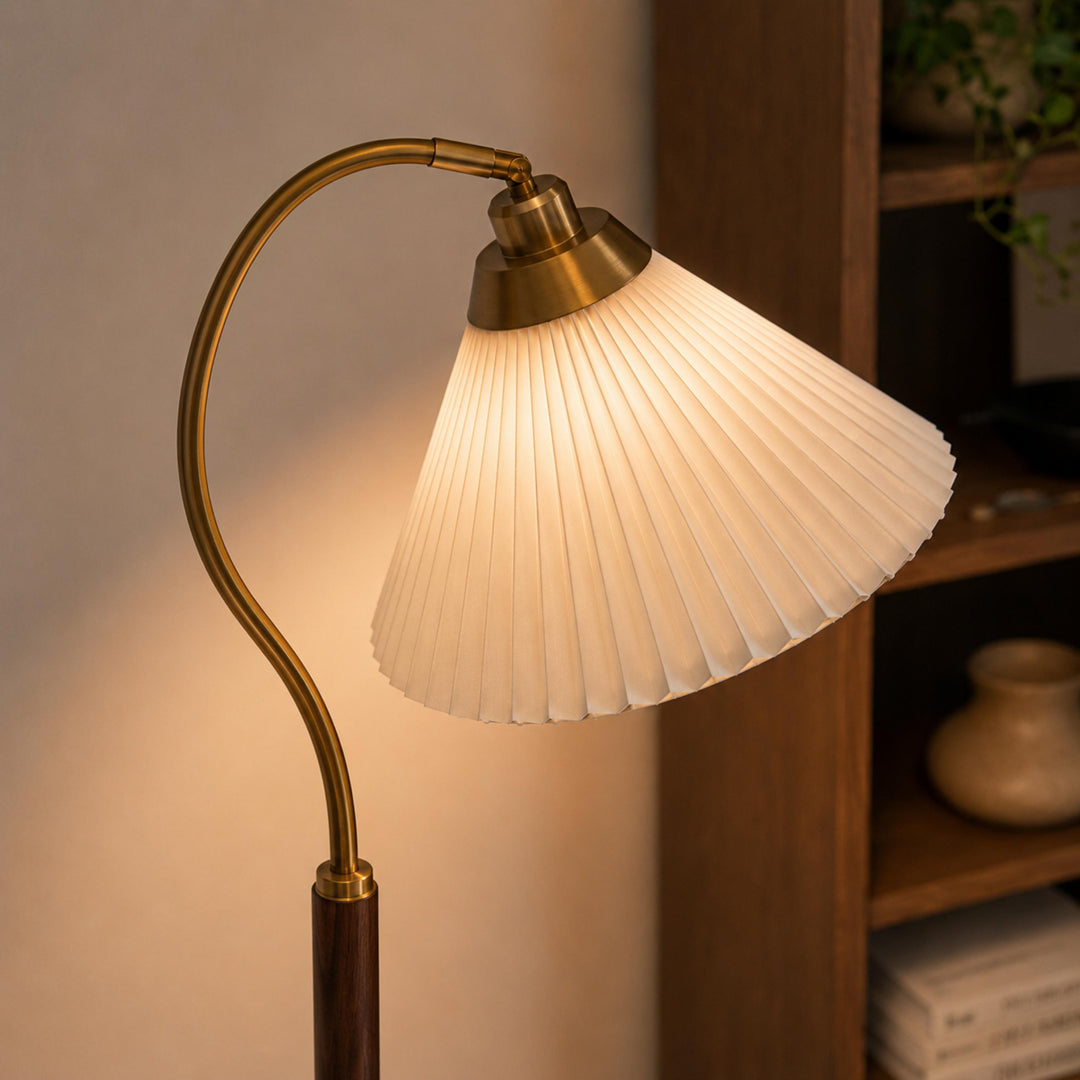 Modern Floor Lamp with Pleated Shade and Wooden Base Adjustable Height for Indoor Use AC 110-240V