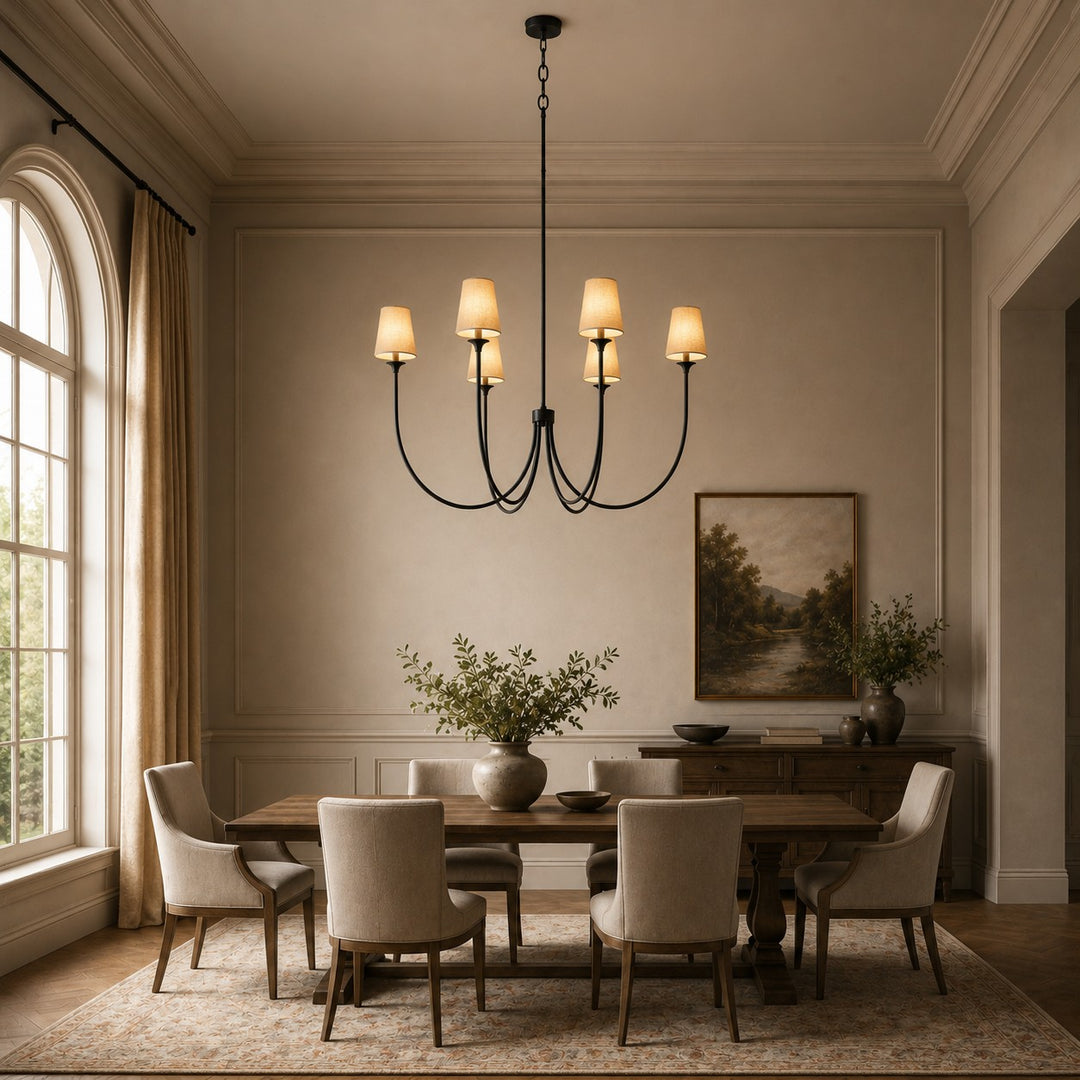 Large Round Chandelier with Off-White Shades – Brass or Bronze