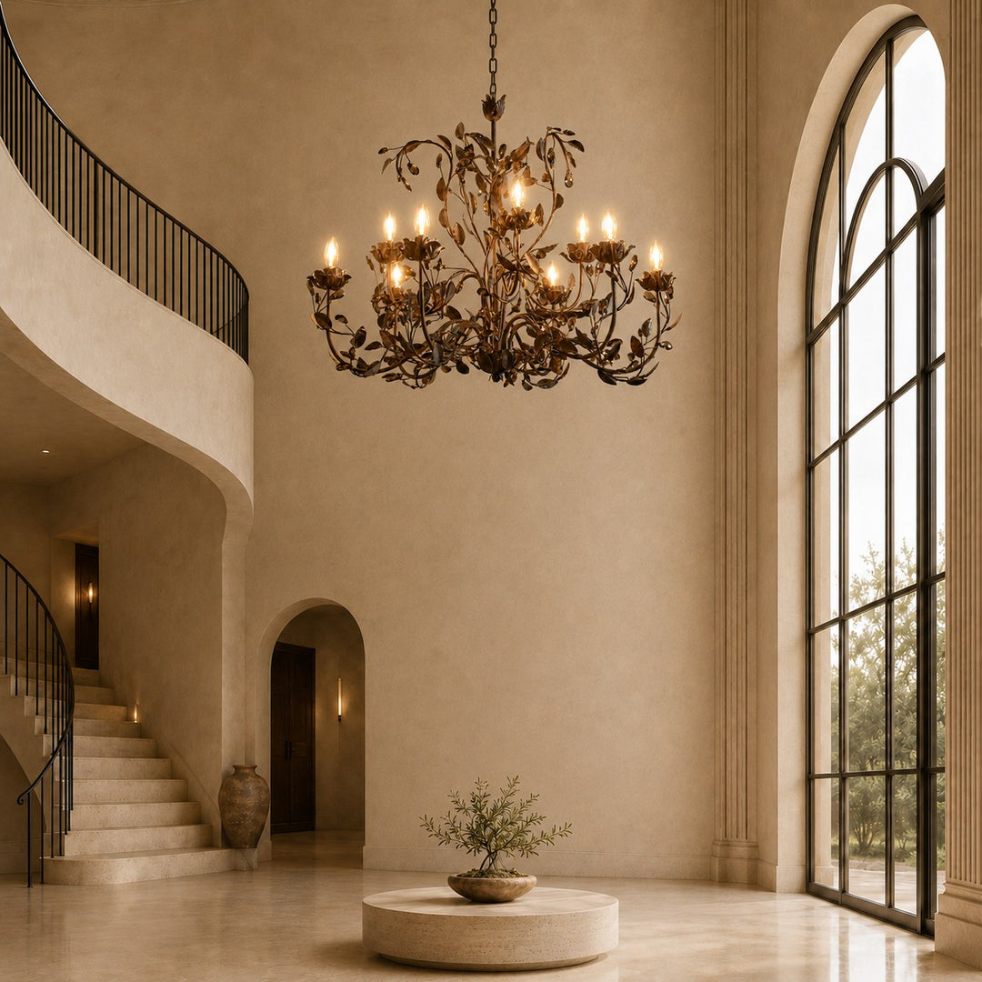Luxury Crystal Leaf Round Chandelier – Large Gold or Bronze Dining Room & Foyer Light, 36″/48″