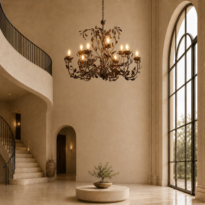 Luxury Crystal Leaf Round Chandelier – Large Gold or Bronze Dining Room & Foyer Light, 36″/48″